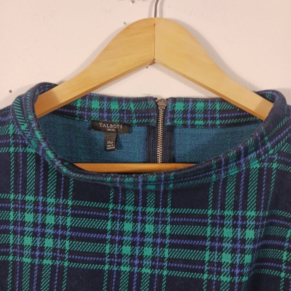 Talbots SZ XLp Green & Navy Blue Black Watch Plaid Top, Boat Neck, 3/4 Sleeves, - Picture 7 of 16